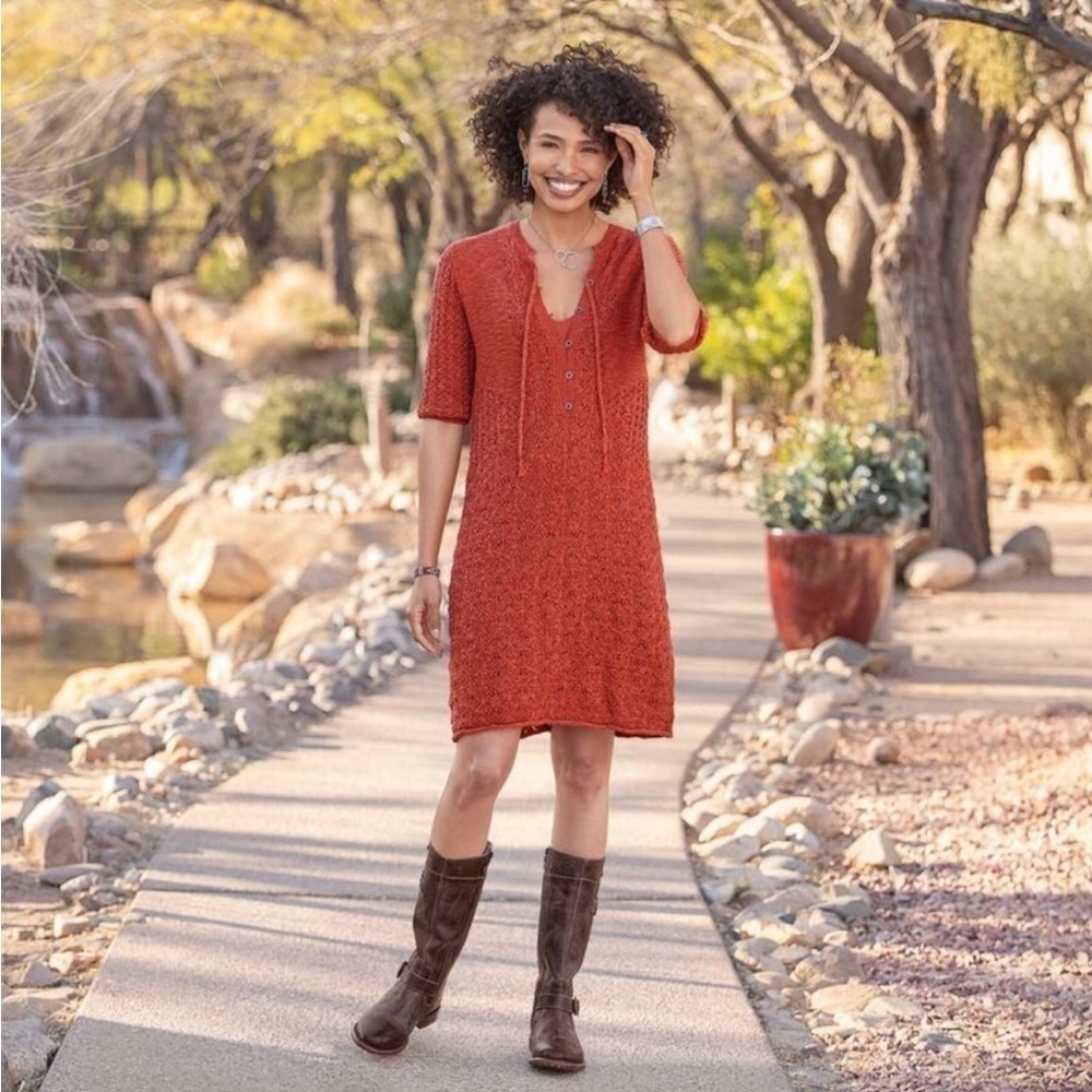 Sundance Pretty in Pointelle Paprika Rust Orange Knit Crochet Dress Boho Winter